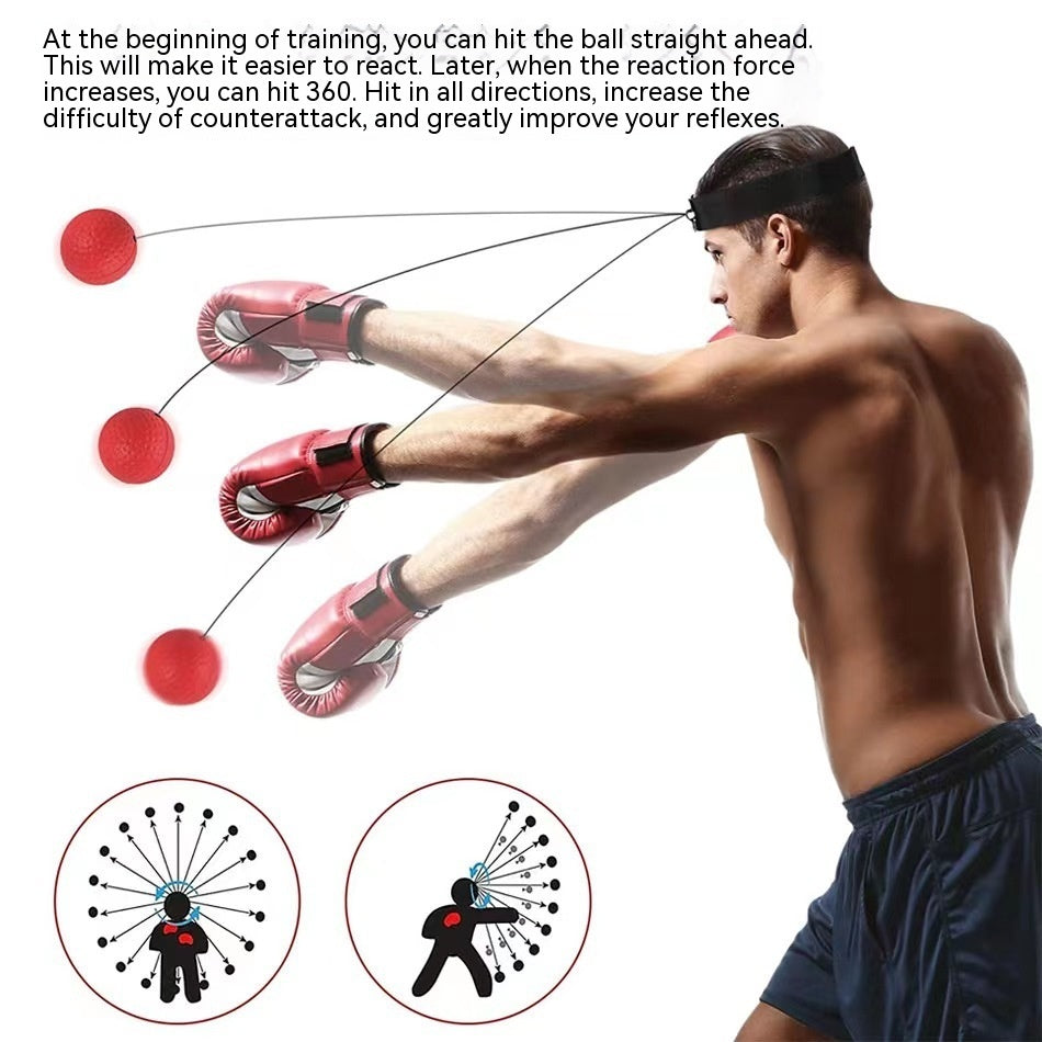 Man practicing boxing with red gloves and balls, demonstrating training progression.